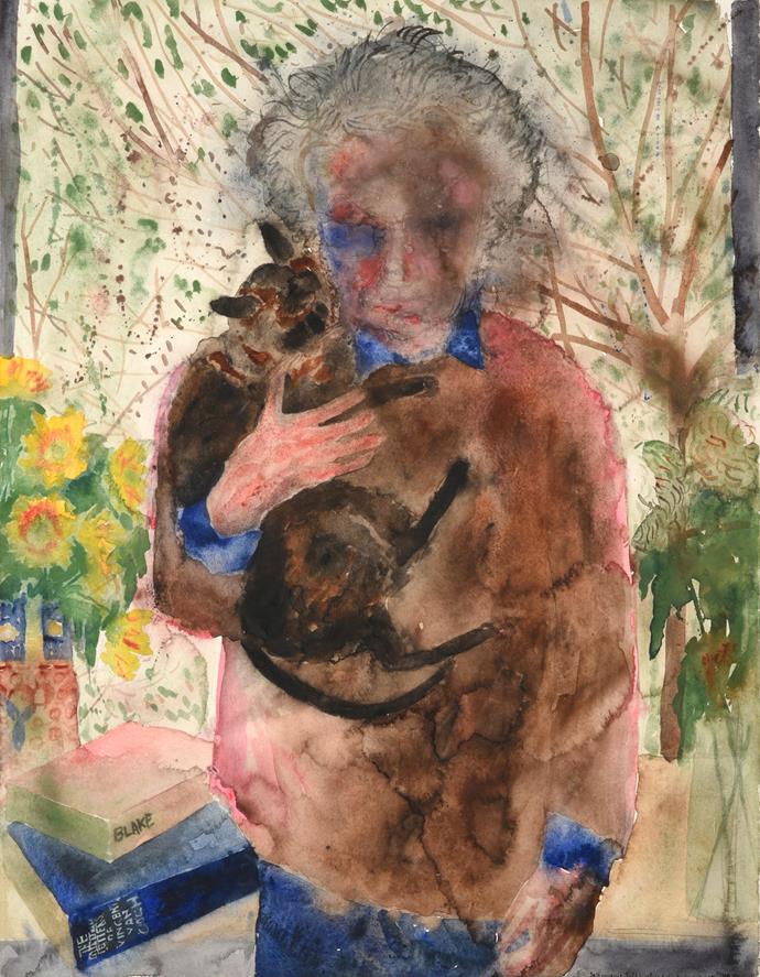 Lot 1045 - Norman Adams RA (1927-2005) ''Self Portrait holding Siegfried the Burmese Cat'' Initialled,...