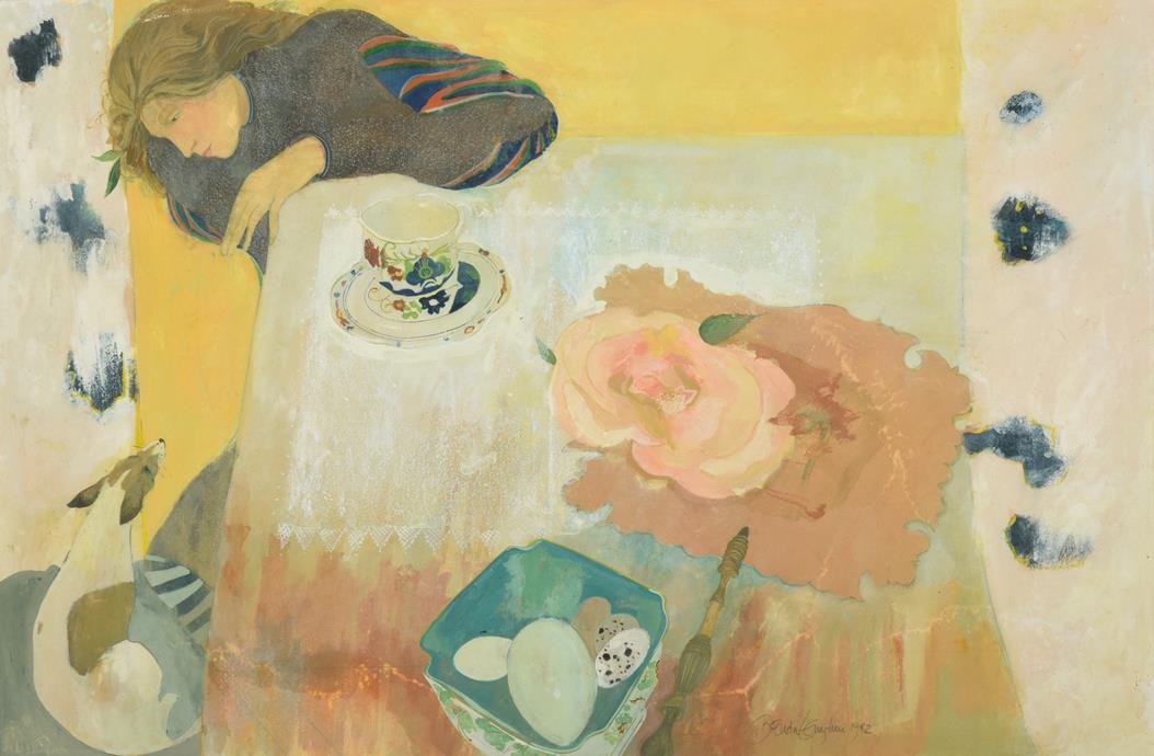 Lot 1046 - Brenda Lenaghan RSW (b.1941) Scottish ''Girl and Dog at Table'' Signed and dated 1982, gouache,...