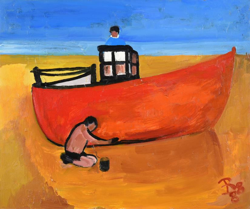 Lot 1052 - Eileen Bell (1907-2005) ''Working on Boat'' Monogrammed and dated (19)88, inscribed verso, oil...