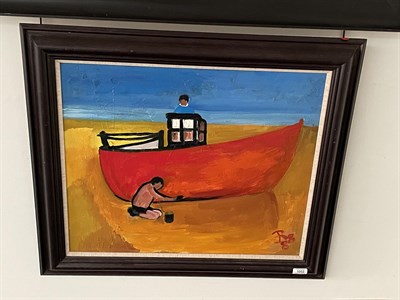 Lot 1052 - Eileen Bell (1907-2005) ''Working on Boat'' Monogrammed and dated (19)88, inscribed verso, oil...