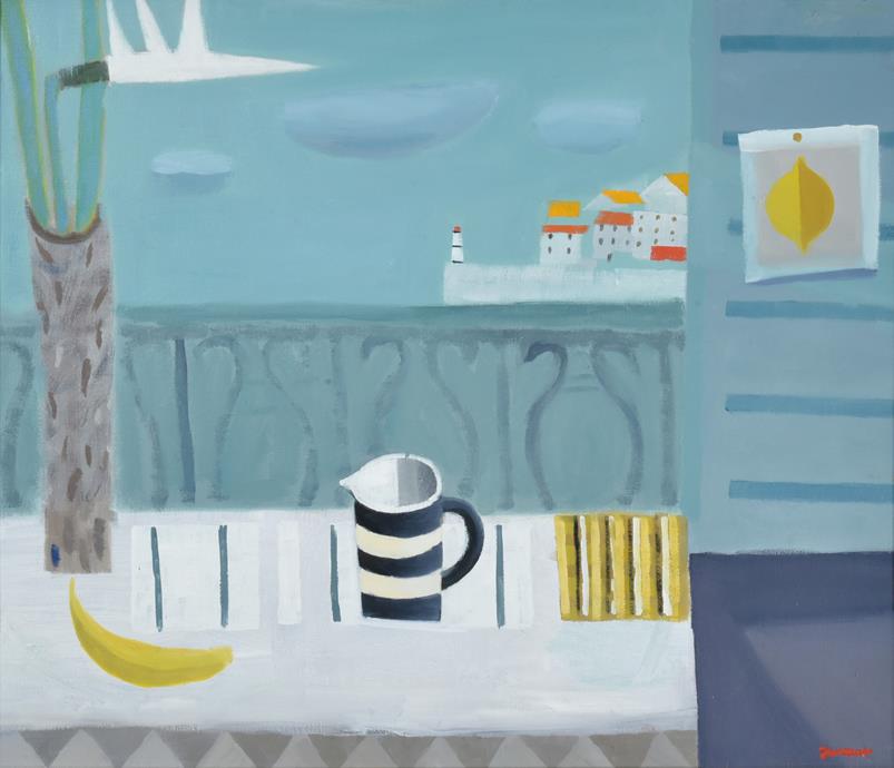 Lot 1055 - Alan Furneaux (b.1953) Still life with lily and striped jug before a harbour Signed, oil on canvas
