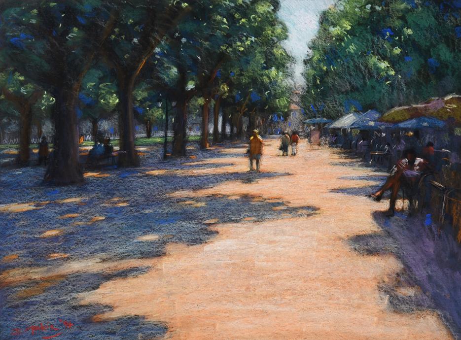 Lot 1062 - John Mackie (b.1955) ''Afternoon break, Montpellier'' Signed and dated (19)94, pastel, 58cm by 78cm