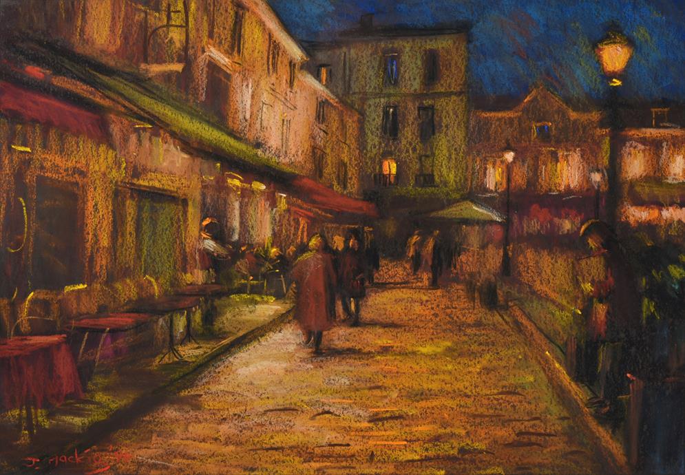 Lot 1063 - John Mackie (b.1955) ''Place du theatre, Midnight'' Signed and dated (19)94, pastel, 40cm by 57.5cm