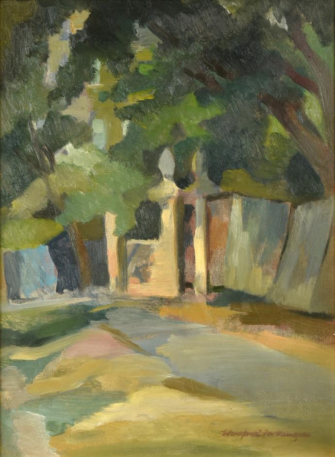 Lot 1064 - Winifred McKenzie (1905-2001) Scottish  View of a gateway under a canopy of trees Signed, oil...