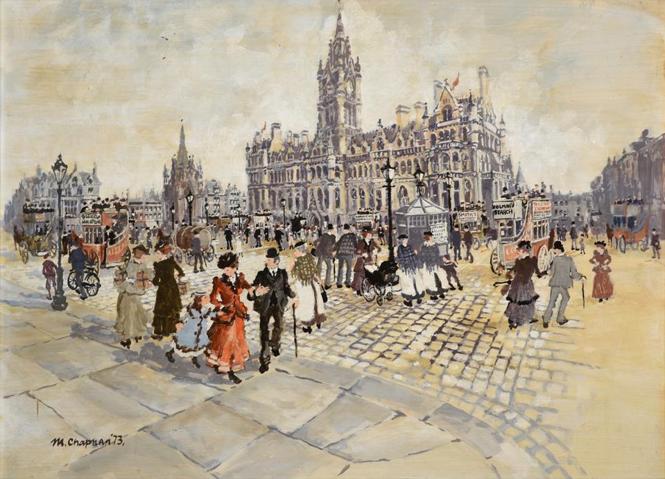 Lot 1065 - Margaret Chapman (1914-2000) ''Town Hall, Manchester''  Signed and dated (19)73, oil on board, 55cm