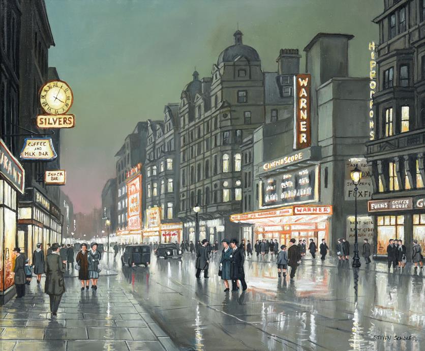 Lot 1066 - Steven Scholes (b.1952) ''City Lights, London 1958'' Signed, inscribed verso, oil on canvas,...