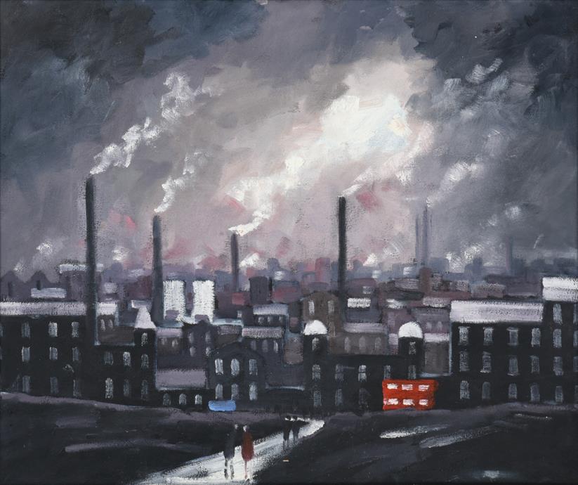 Lot 1069 - Geoffrey Woolsey Birks (1929-1993) Figures before and industrial town Oil on board, 50cm by 60.5cm