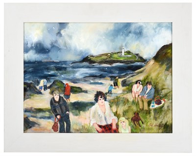 Lot 1077 - Gill Watkiss (b.1938) ''Godrevy Lighthouse''  Signed and dated (20)17, oil on canvas, 44cm by 59cm