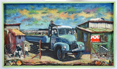 Lot 1081 - Willie Bester (b.1956) South African Figures and dog in a blue truck before a township Signed...