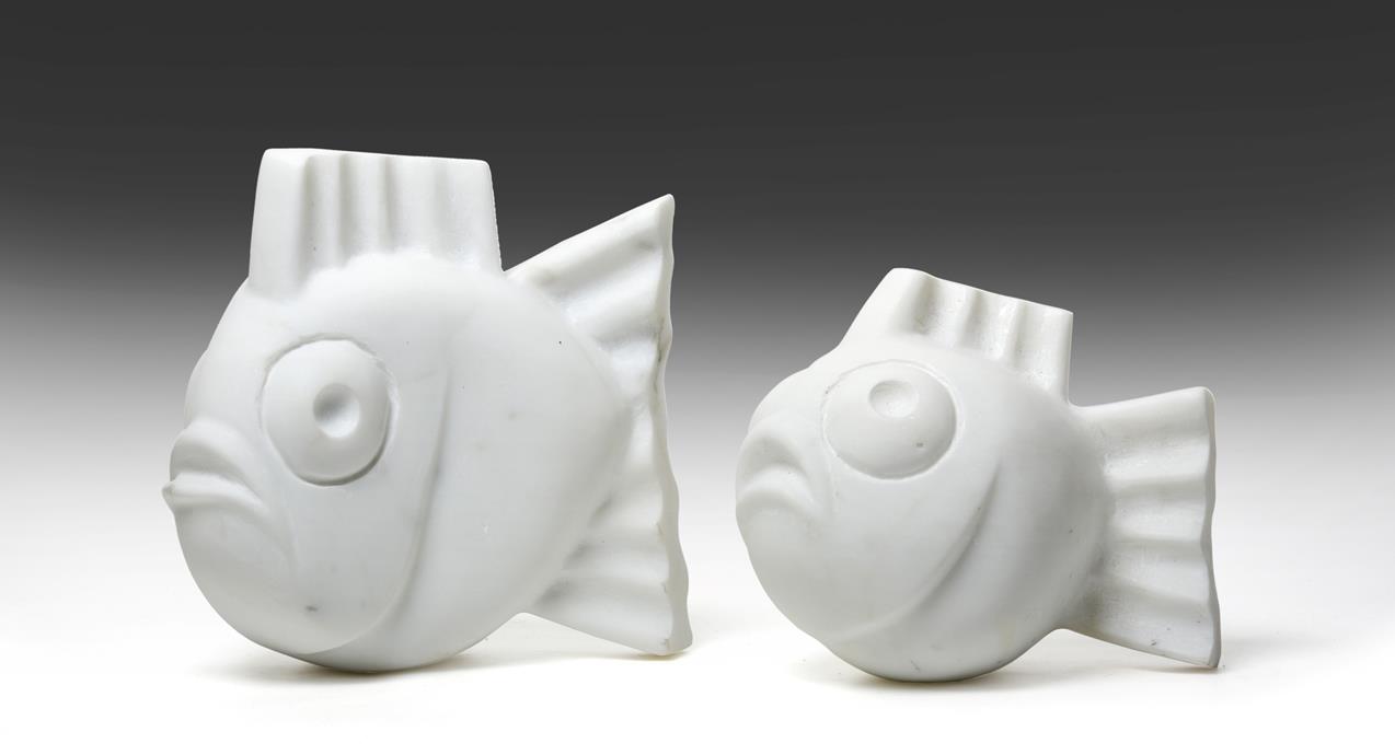 Lot 1085 - Darren Yeadon (b.1970) Mother and baby fish Signed, Carrara marble, 19cm and 14cm high respectively