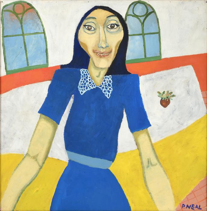 Lot 1090 - Peter Neal (b.1937)  Portrait of a lady wearing a blue dress Signed, oil on board, 91.5cm by 91cm