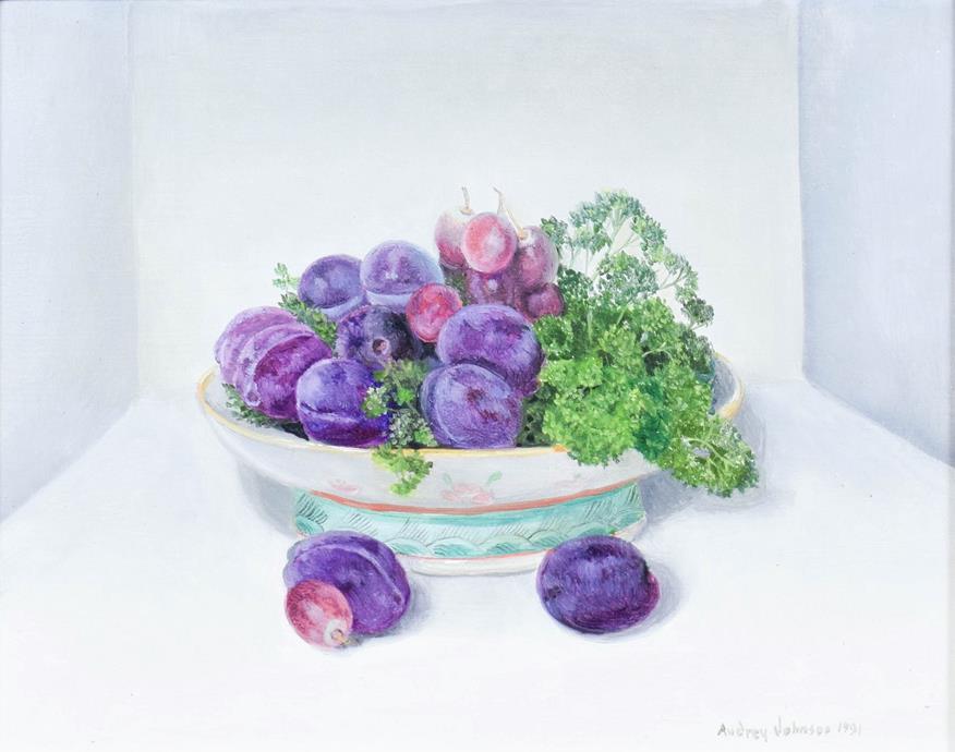 Lot 1096 - Audrey Johnson (1918-2010) ''Stanley Plums, Grapes and Parsley'' Signed and dated 1991, oil on...
