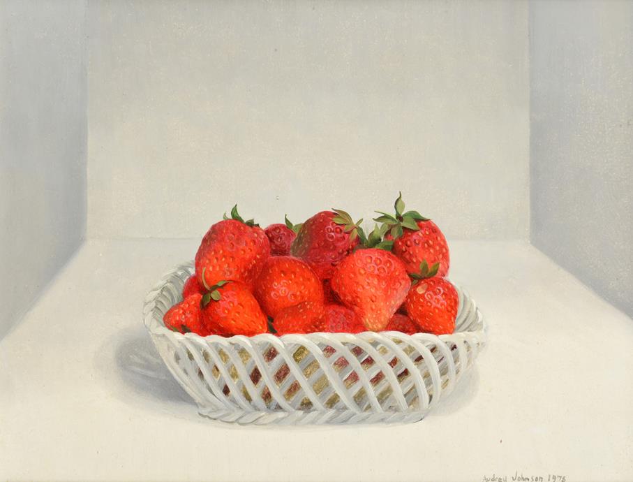 Lot 1097 - Audrey Johnson (1918-2010) Still life of a basket of strawberries Signed and dated 1978, oil on...
