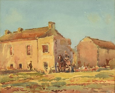 Lot 25 - Frederick (Fred) Lawson (1888-1968)  Cart horse and figures before buildings on a bright day...