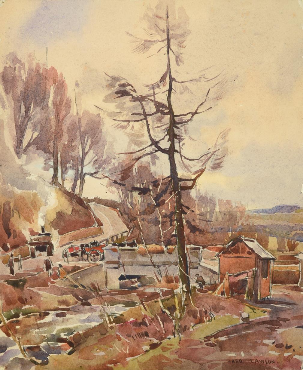 Lot 26 - Frederick (Fred) Lawson (1888-1968)  Building the New Bridge, Ghyll Beck Woods (1941) Signed,...