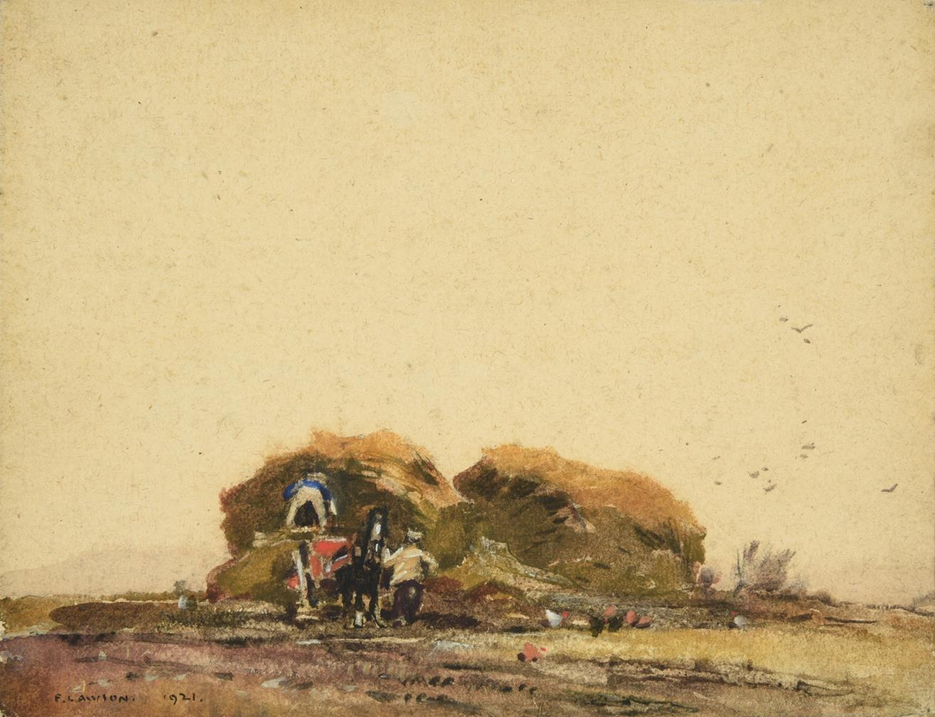 Lot 27 - Frederick (Fred) Lawson (1888-1968)  Building a hayrick Signed and dated 1921, mixed media, 22cm by
