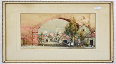 Lot 33 - Noel Harry Leaver ARCA (1889-1951)  Figures at an Italian town gateway Watercolour, together with a