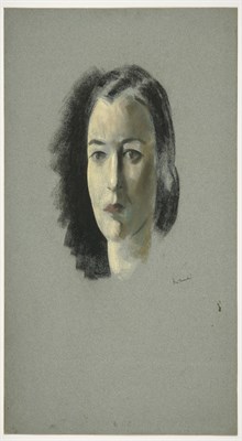Lot 52 - Jacob Kramer (1892-1962) Head study portrait of a lady with black hair worn in a bun Signed,...