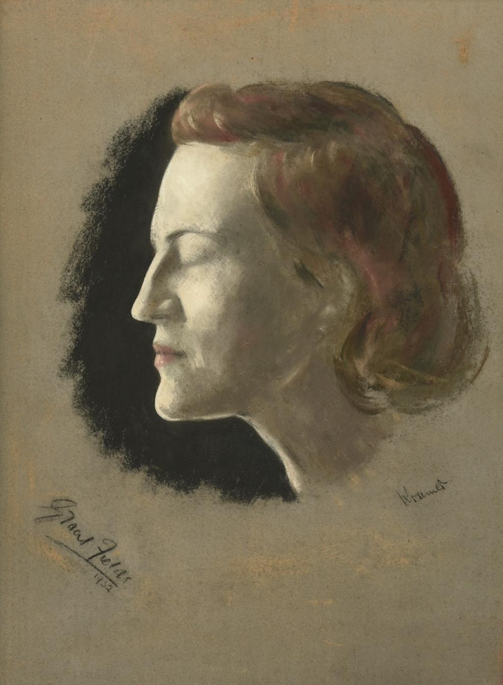 Lot 54 - Jacob Kramer (1892-1962) ''Gracie Fields'', head study portrait in profile Signed, inscribed...