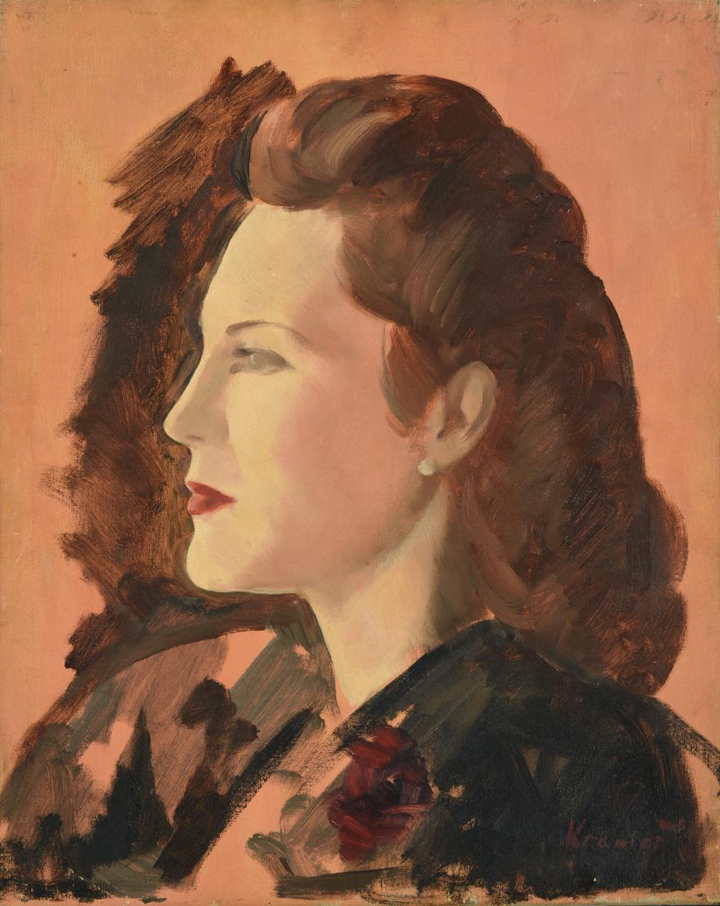Lot 57 - Jacob Kramer (1892-1962) ''Miss Joyce Heron'', head and shoulders portrait sketch in profile...