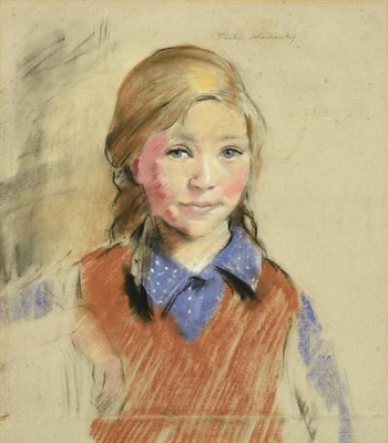 Lot 58 - Philip Naviasky (1894-1983) Portrait of a young girl, head and shoulders, wearing a purple...