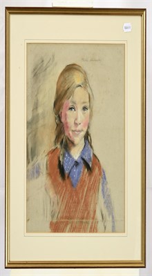 Lot 58 - Philip Naviasky (1894-1983) Portrait of a young girl, head and shoulders, wearing a purple...