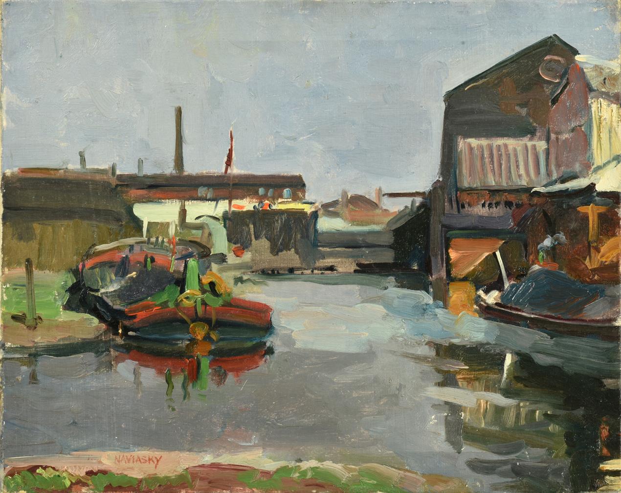 Lot 61 - Philip Naviasky (1894-1983) Docklands with barge Signed, oil on canvas, 40cm by 50.5cm...