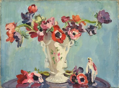 Lot 62 - Philip Naviasky (1894-1983) Still life of Anemones in a porcelain vase and a figurine Signed on...