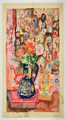 Lot 63 - Sonia Naviasky (20th/21st Century) Still life with blue glazed jug and flowers Signed, pencil...