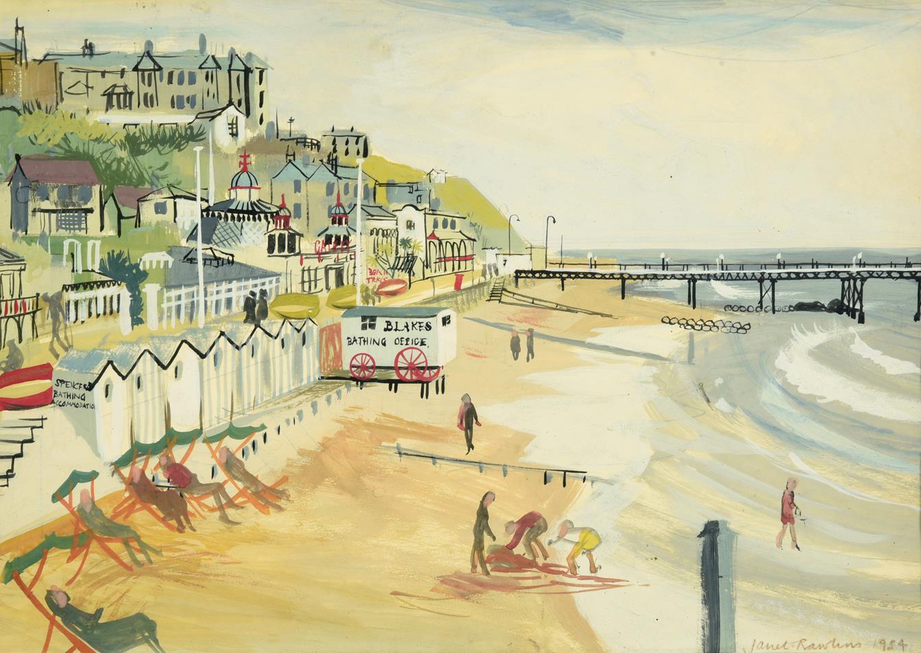 Lot 68 - Janet Rawlins (b.1931) Beach scene Signed and dated 1954, mixed media, 25cm by 35.5cm  Artist's...