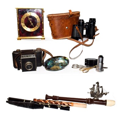 Lot 1 - A tray of assorted including Astral quartz mantel timepiece, pair of cased binoculars marked...