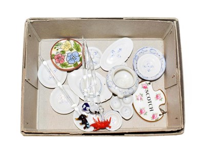 Lot 2 - A tray of mainly ceramics including pair of Royal Crown Derby candlesticks, Belleek dish,...
