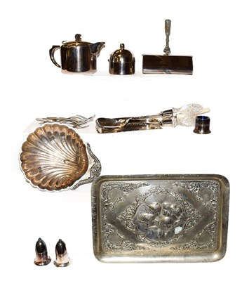 Lot 5 - A tray of assorted silver plated wares including an Elkington & Co. hot water jug, two crumb...