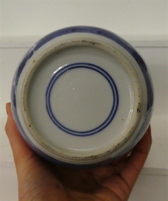 Lot 14 - Two 18th century Chinese blue and white plates, four later ginger jars and a spoon (one tray)