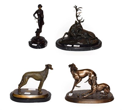 Lot 19 - A modern bronze sculpture of a stag on marble base signed Milo, together with a bronze figure...