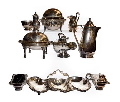Lot 24 - A tray of assorted silver plated wares including two butter coolers, hot water jug with rattan...