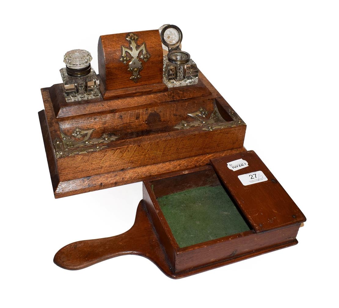 Lot 27 - An Edwardian oak desk standish with a pair of cut glass inkwells, together with a mahogany...