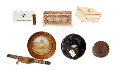 Lot 28 - A tray of collectables including a Hardy Bros. fly tin, Indian bone mounted casket, hydrometer...
