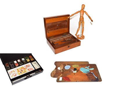 Lot 30 - An artist's dummy with jointed limbs, a Winsor & Newton watercolour tin, mahogany Reeves & Sons...