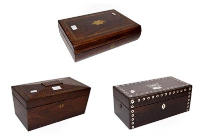 Lot 36 - A 19th century brass inlaid rosewood tea caddy, a similar mother of pearl inlaid box and a rosewood