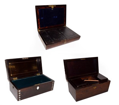 Lot 36 - A 19th century brass inlaid rosewood tea caddy, a similar mother of pearl inlaid box and a rosewood