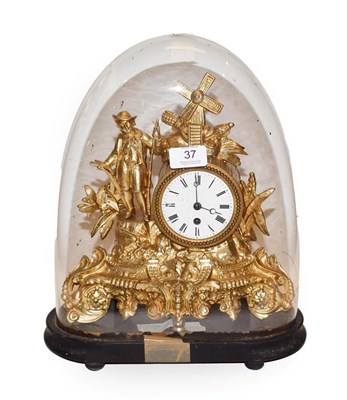 Lot 37 - A 19th century French gilt metal cased timepiece, under glass dome, 35cm high including dome