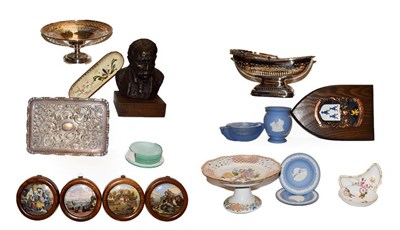 Lot 39 - A group of items including a resin bust, decorative coat of arms, pot lids, ceramics and toys,...