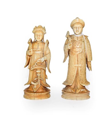 Lot 57 - Two 19th century Cantonese ivory chess pieces, tallest 11cm high (2)