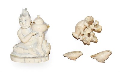 Lot 59 - A Japanese Meiji Period carved ivory figure or a demon with urn (a.f.), 9cm high