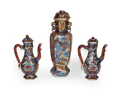 Lot 69 - A pair of 18th century Chinese wine ewers with covers and similar hexagonal jar and cover,...