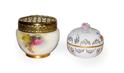 Lot 71 - A Royal Worcester pot pourri vase with painted rose flower decoration and a Herend floral hand...