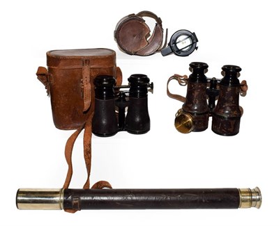Lot 84 - A leather mounted telescope, T. Cooke & Sons Ltd, leather cased military compass T G Co. Ltd....