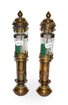 Lot 106 - A pair of reproduction brass wall sconces, after Great Western Railway originals, 35cm high