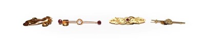Lot 114 - A 15 carat gold ruby and split pearl bar brooch, length 4.5cm, a 9 carat gold hand brooch,...